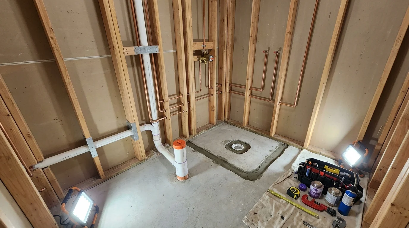 Bathroom rough-in plumbing during remodel by Johns Plumbing LLC in Tarboro