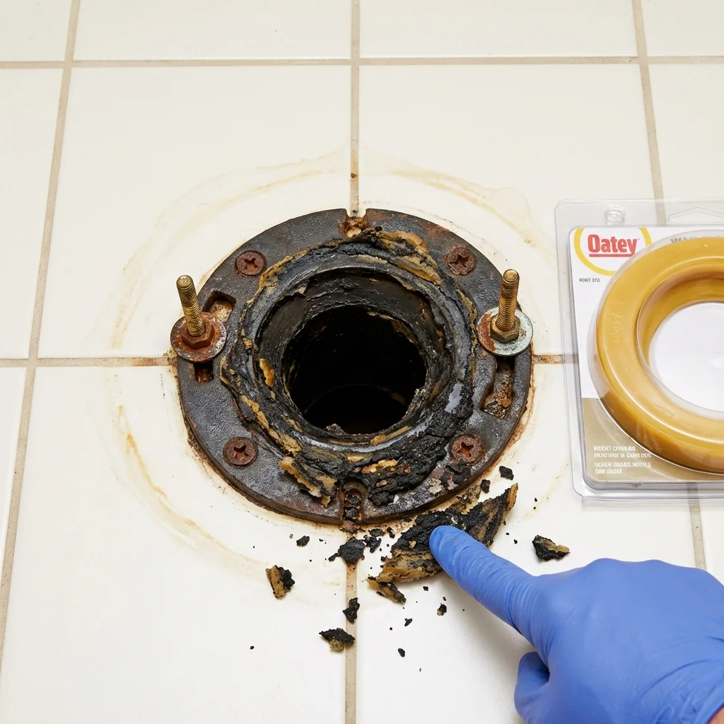 Failed wax ring showing water seepage at the base of a toilet in a Tarboro, NC home